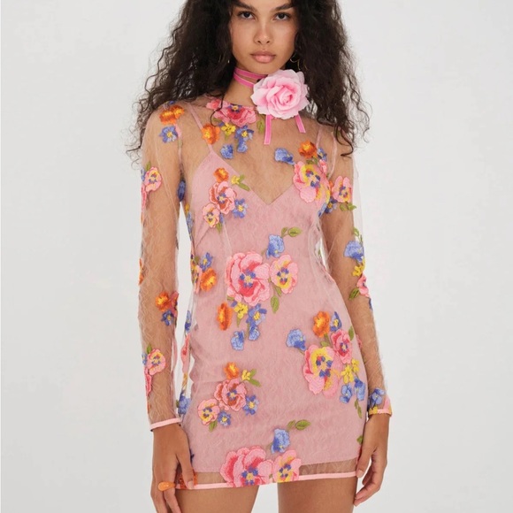 Percy Mini Dress FOR LOVE & LEMONS floral Embroidered Pink Dress - XL (No slip) - Picture 1 of 13